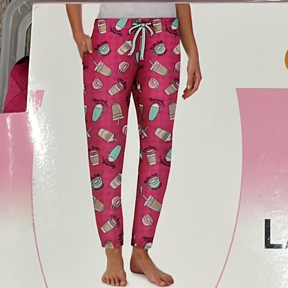 You Mocha Me Crazy Sleep Jogger Racy Pink Print Sz L 12/14 Novelty Coffee Gift